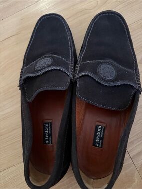 a. testoni Men's Dark Brown Suede Penny Loafers with Embossed Logo